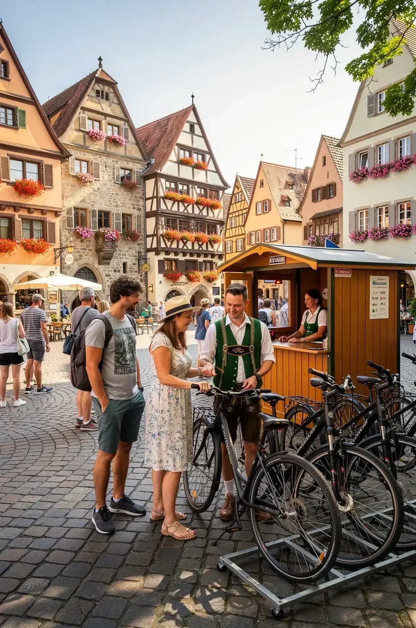 Radfahrer nutzen eine gut ausgeschilderte Fahrradroute mit Blick auf historische Sehenswürdigkeiten in Deutschland.