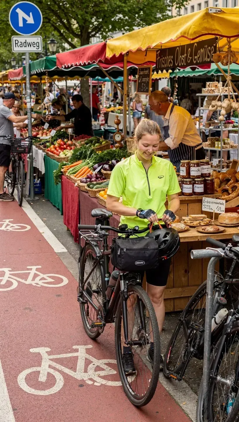 Touristen entspannen sich in einer Raststation mit Fahrradparkplatz und Informationsmaterial zu regionalen Radwegen.